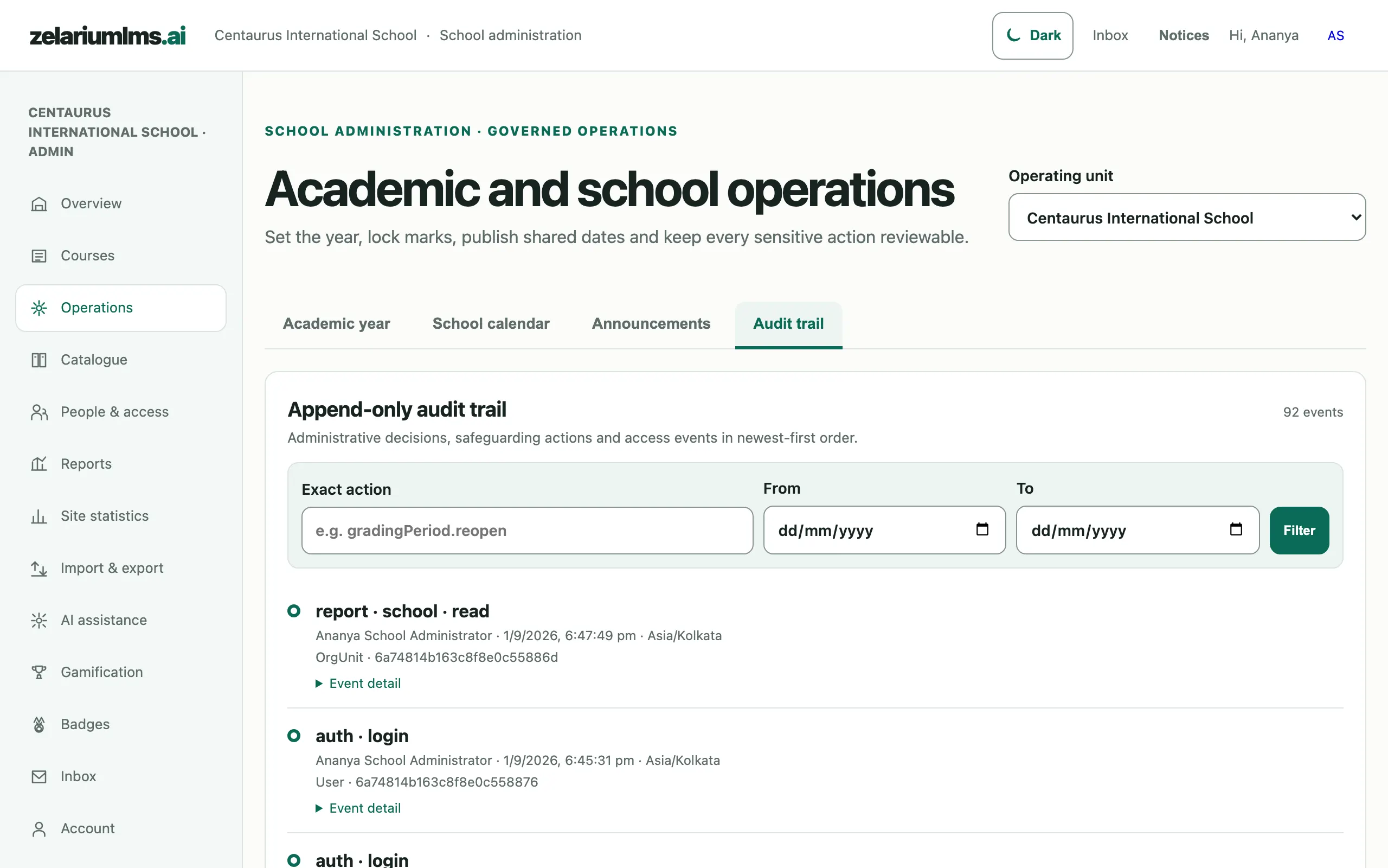 Append-only audit trail with an action filter and recent login and report events