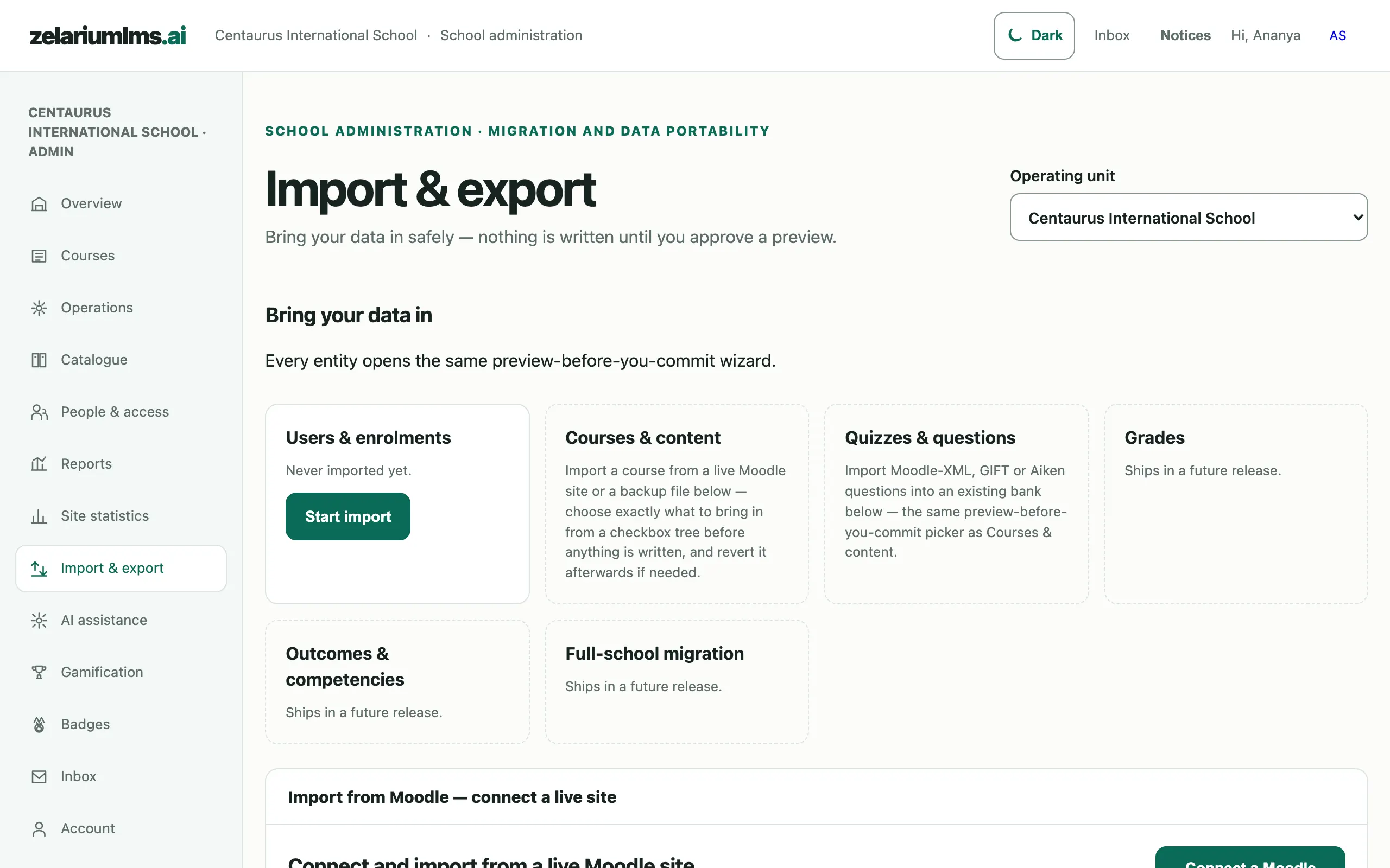 Import and export screen with preview-before-commit entity cards and a Moodle connection panel