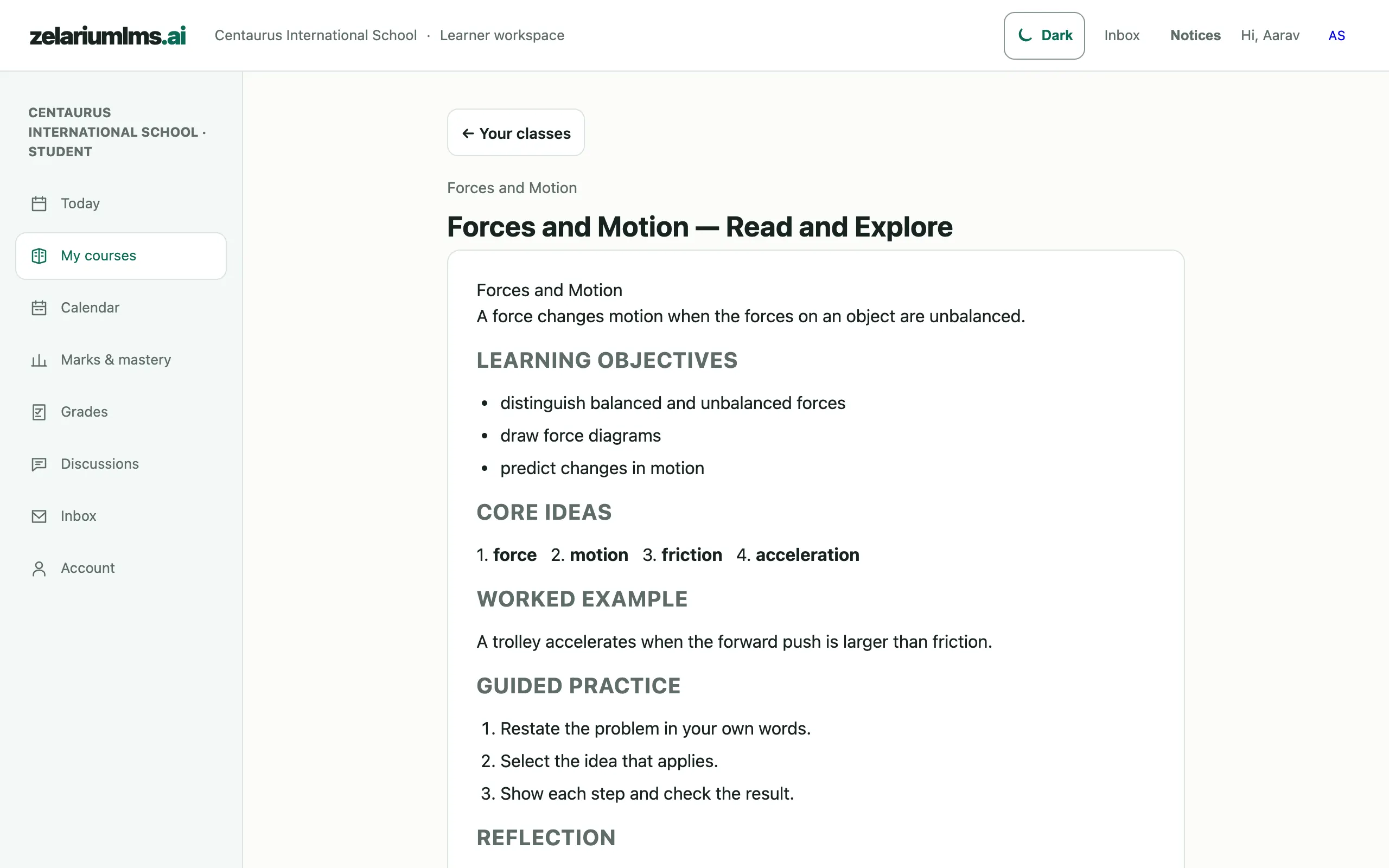 Zelarium lesson screen showing learning objectives, core ideas and guided practice for Forces and Motion