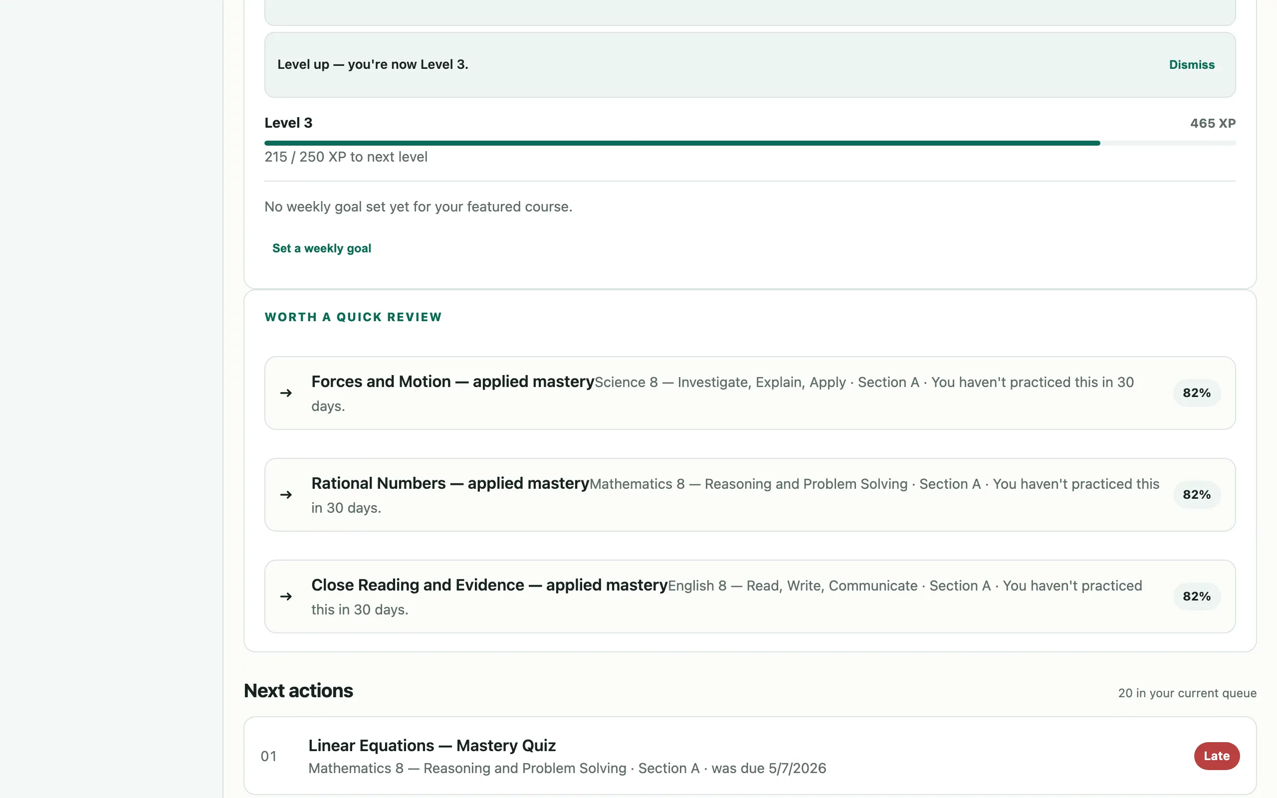 Today page showing Level 3 with an XP progress bar, a level-up notice and a worth-a-quick-review list
