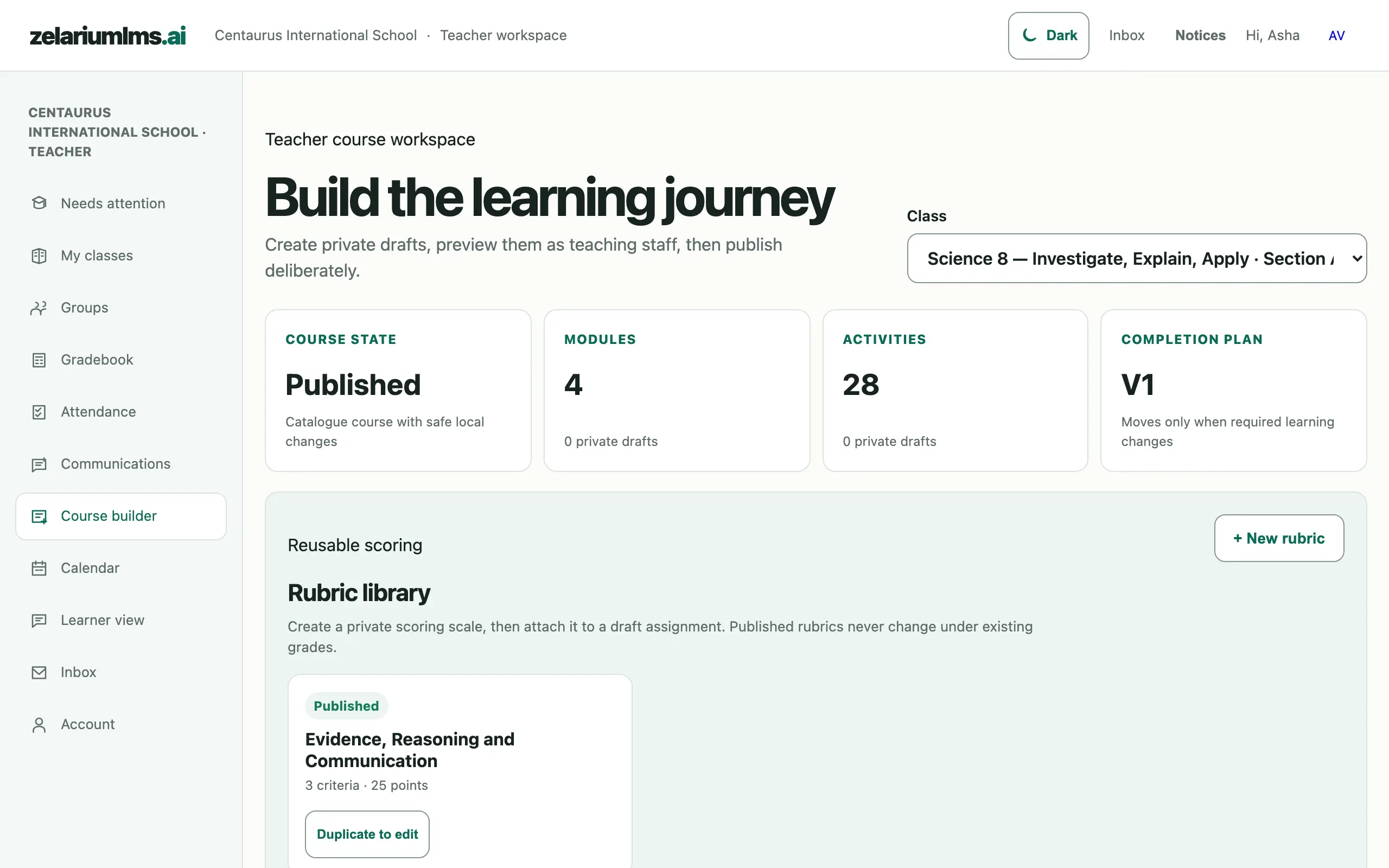 Teacher course workspace showing published course state, module and activity counts and the reusable rubric library