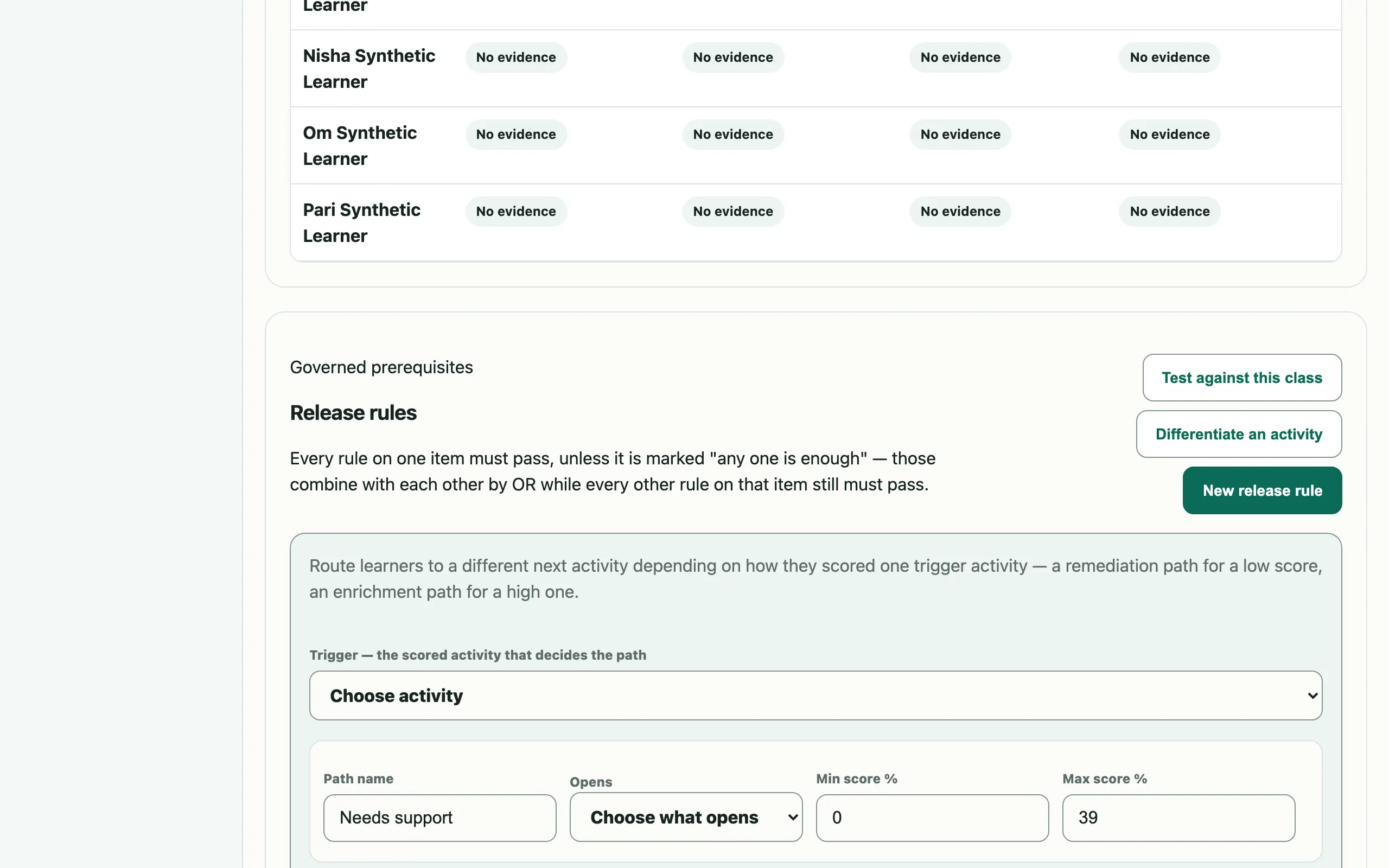 Release rules panel with the differentiate-an-activity composer showing a needs-support score band
