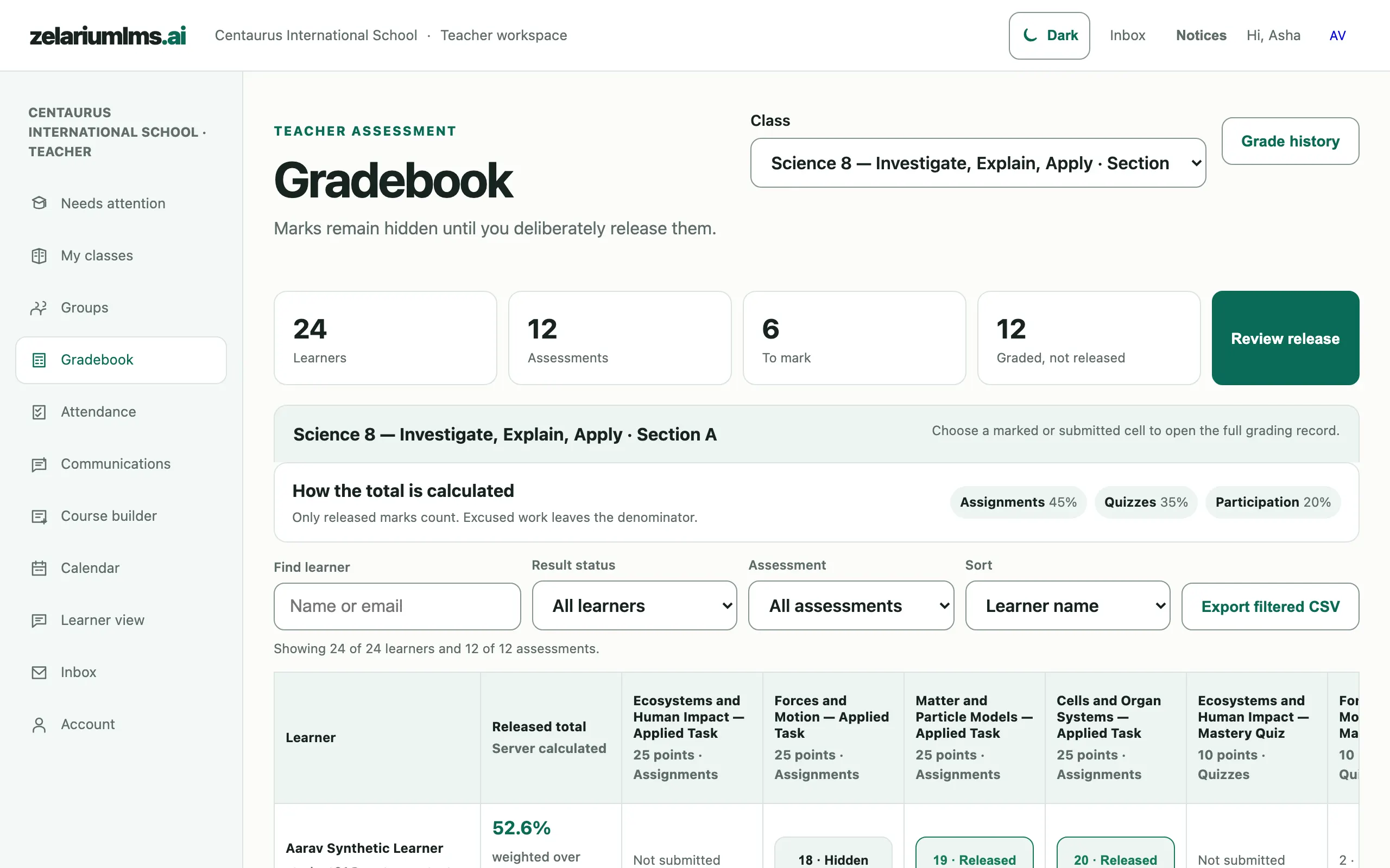 Gradebook grid with released and hidden marks, weighted totals and a review-release button
