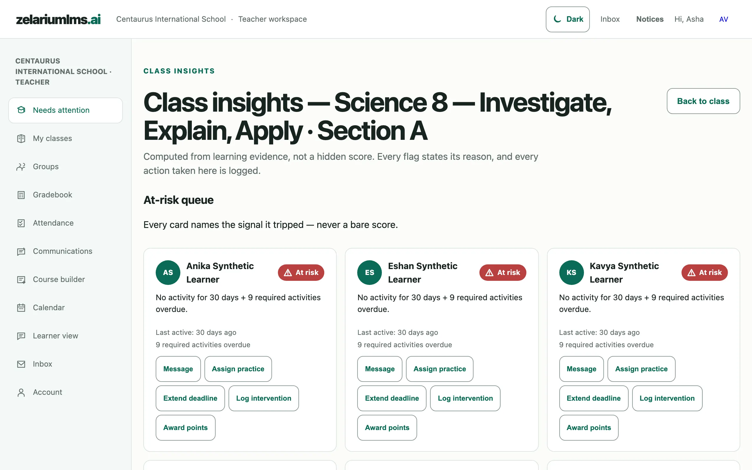 Class insights at-risk queue showing three learners with stated reasons and intervention action buttons